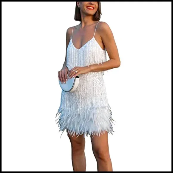 Sequin Flapper Dress Sleeveless Feather Fringe Glitter Sparkly Mini Party - Picture 2 of 5